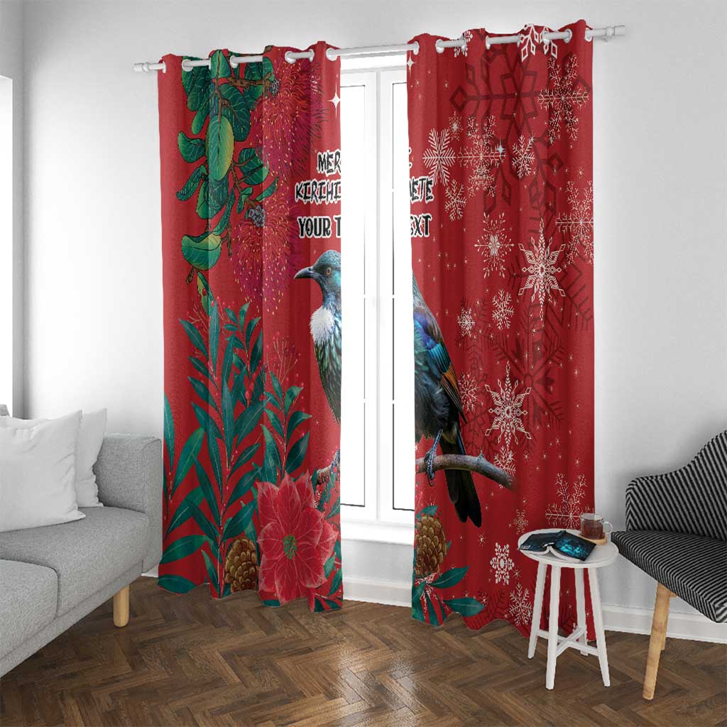 Tui Meri Kirihimete Personalised Window Curtain Pohutukawa Flowers Red Motif - Polynesian Pride