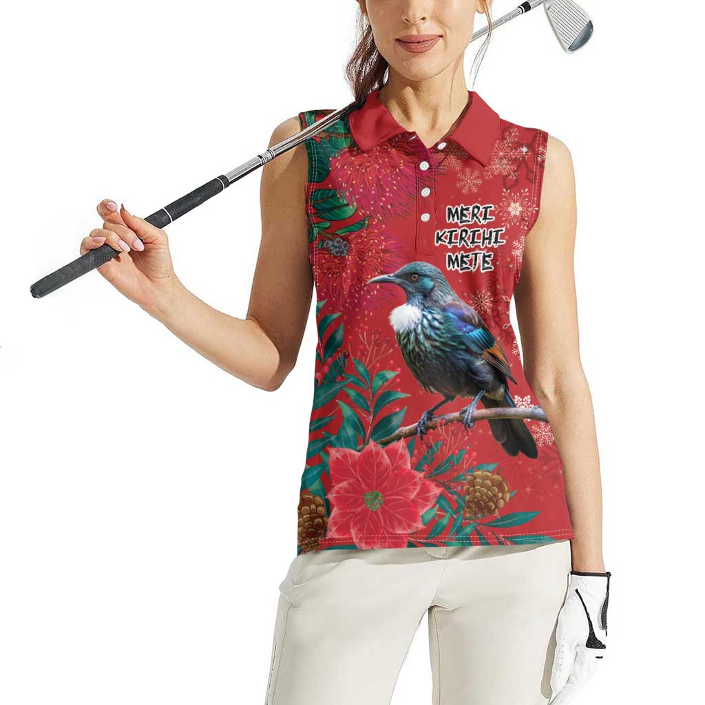 Tui Meri Kirihimete Personalised Women Sleeveless Polo Shirt Pohutukawa Flowers Red Motif - Polynesian Pride