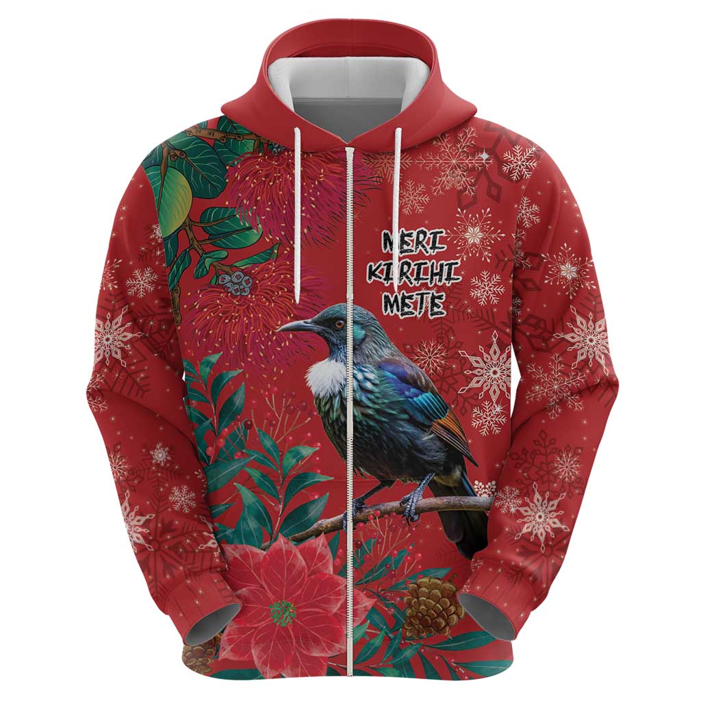Tui Meri Kirihimete Personalised Zip Hoodie Pohutukawa Flowers Red Motif - Polynesian Pride