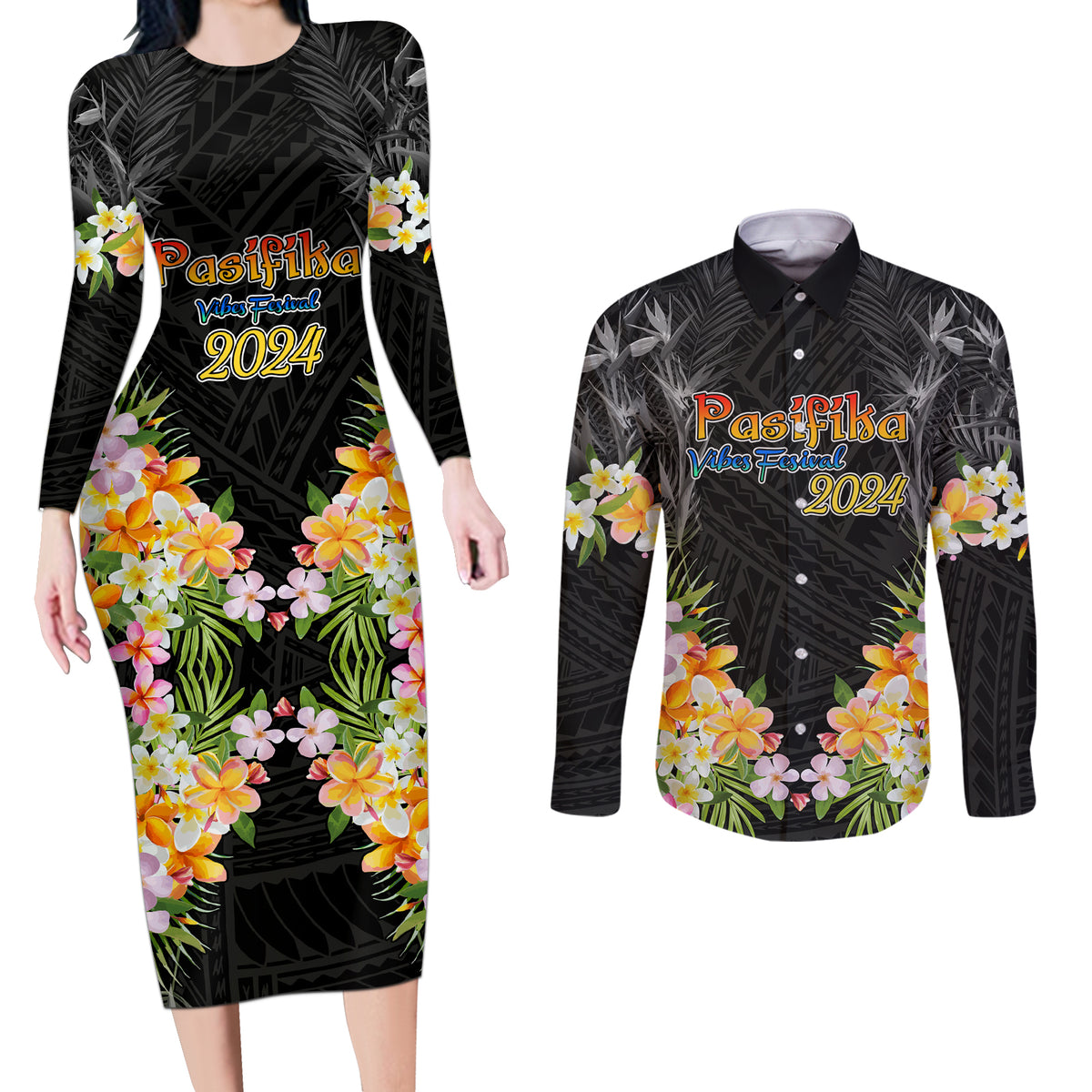 Pasifika Vibes Festival 2024 Auckland Couples Matching Long Sleeve Bodycon Dress and Long Sleeve Button Shirt LT9 Black - Polynesian Pride