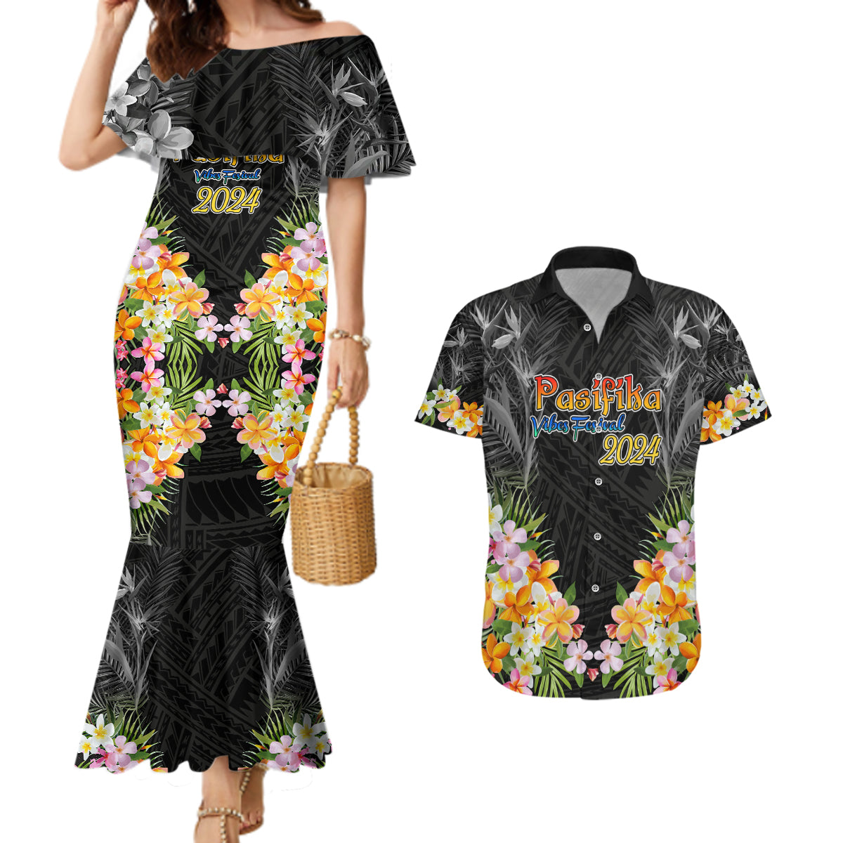 Pasifika Vibes Festival 2024 Auckland Couples Matching Mermaid Dress and Hawaiian Shirt LT9 Black - Polynesian Pride