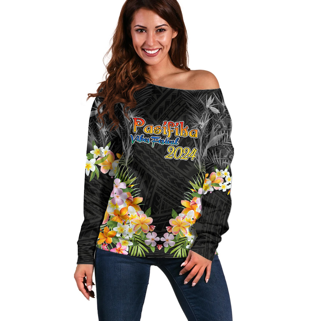 Pasifika Vibes Festival 2024 Auckland Off Shoulder Sweater LT9 Women Black - Polynesian Pride