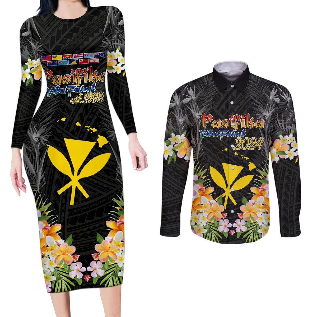 Pasifika Vibes Festival 2024 Couples Matching Long Sleeve Bodycon Dress and Long Sleeve Button Shirt Kanaka Maoli With Hawaiian Islands LT9 Black - Polynesian Pride