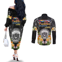 Pasifika Vibes Festival 2024 Couples Matching Off The Shoulder Long Sleeve Dress and Long Sleeve Button Shirt Kanaka Maoli With Hawaiian Islands LT9 - Polynesian Pride