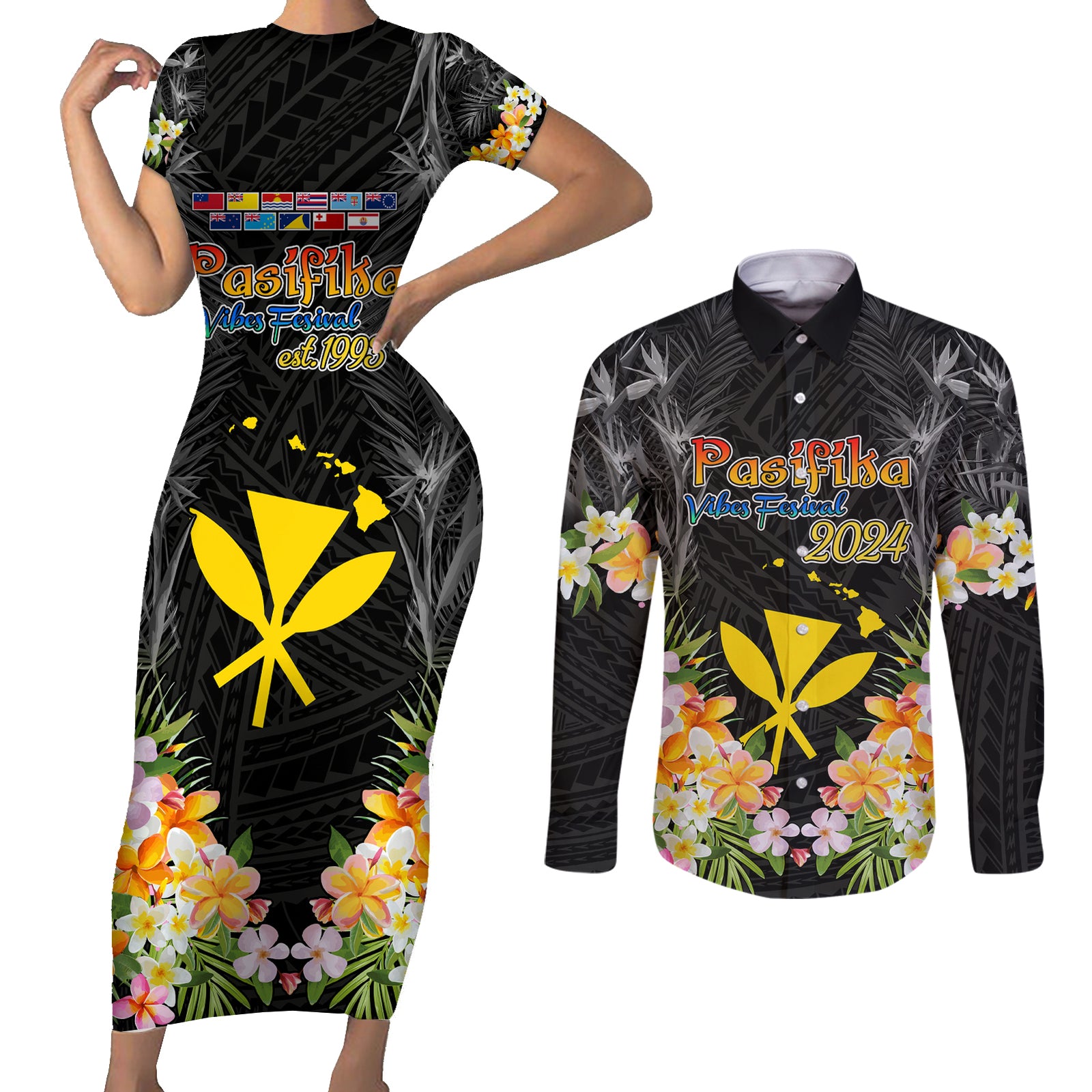 Pasifika Vibes Festival 2024 Couples Matching Short Sleeve Bodycon Dress and Long Sleeve Button Shirt Kanaka Maoli With Hawaiian Islands LT9 Black - Polynesian Pride