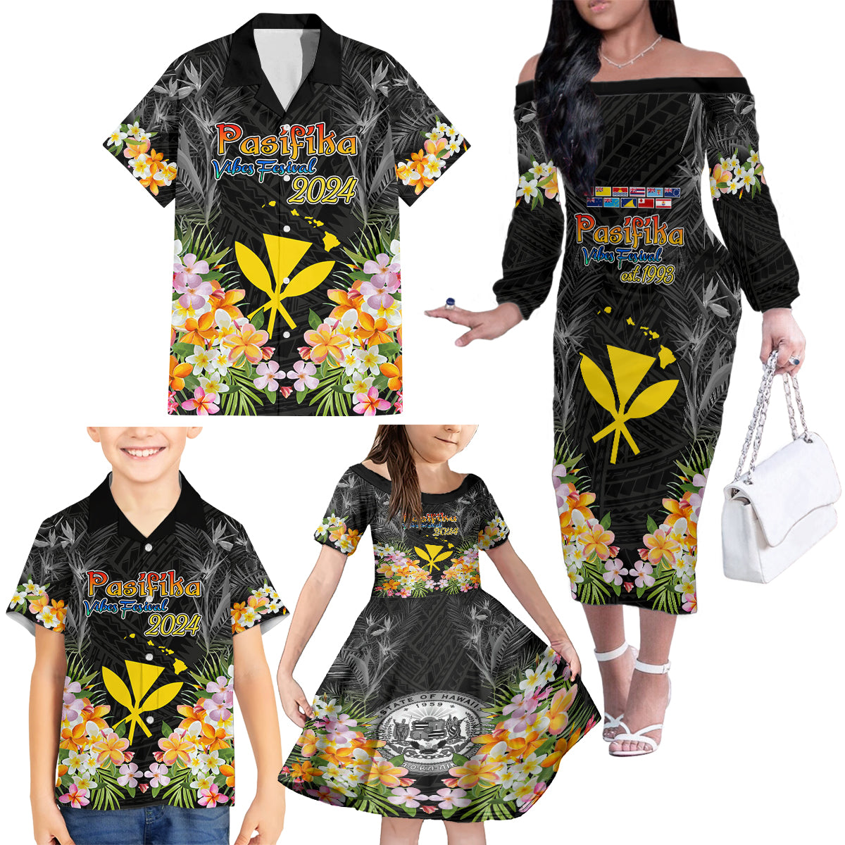 Pasifika Vibes Festival 2024 Family Matching Off Shoulder Long Sleeve Dress and Hawaiian Shirt Kanaka Maoli With Hawaiian Islands LT9 - Polynesian Pride