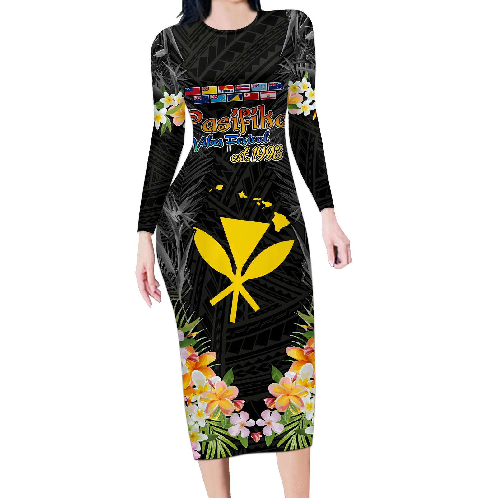 Pasifika Vibes Festival 2024 Long Sleeve Bodycon Dress Kanaka Maoli With Hawaiian Islands LT9 Long Dress Black - Polynesian Pride