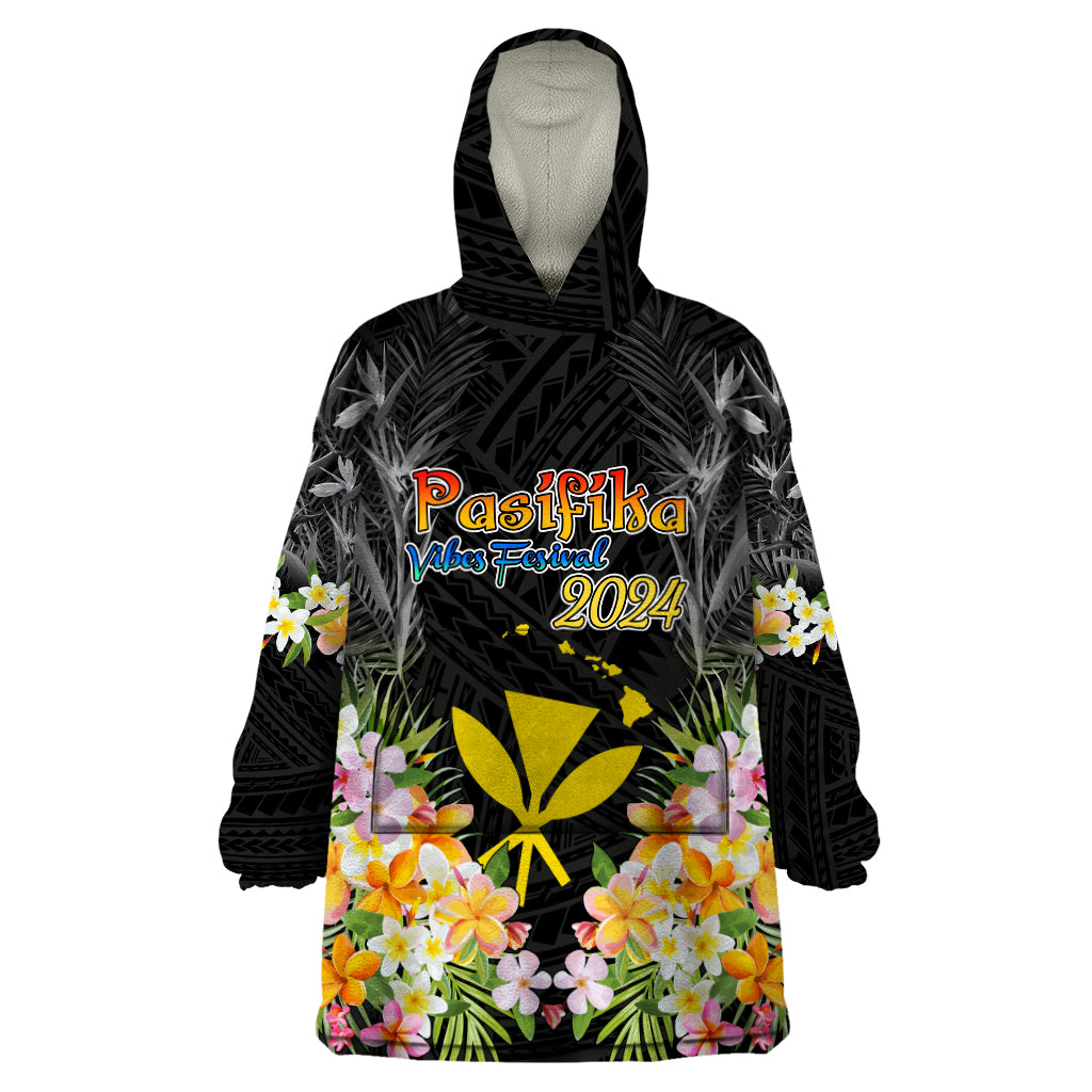 Pasifika Vibes Festival 2024 Wearable Blanket Hoodie Kanaka Maoli With Hawaiian Islands LT9 One Size Black - Polynesian Pride