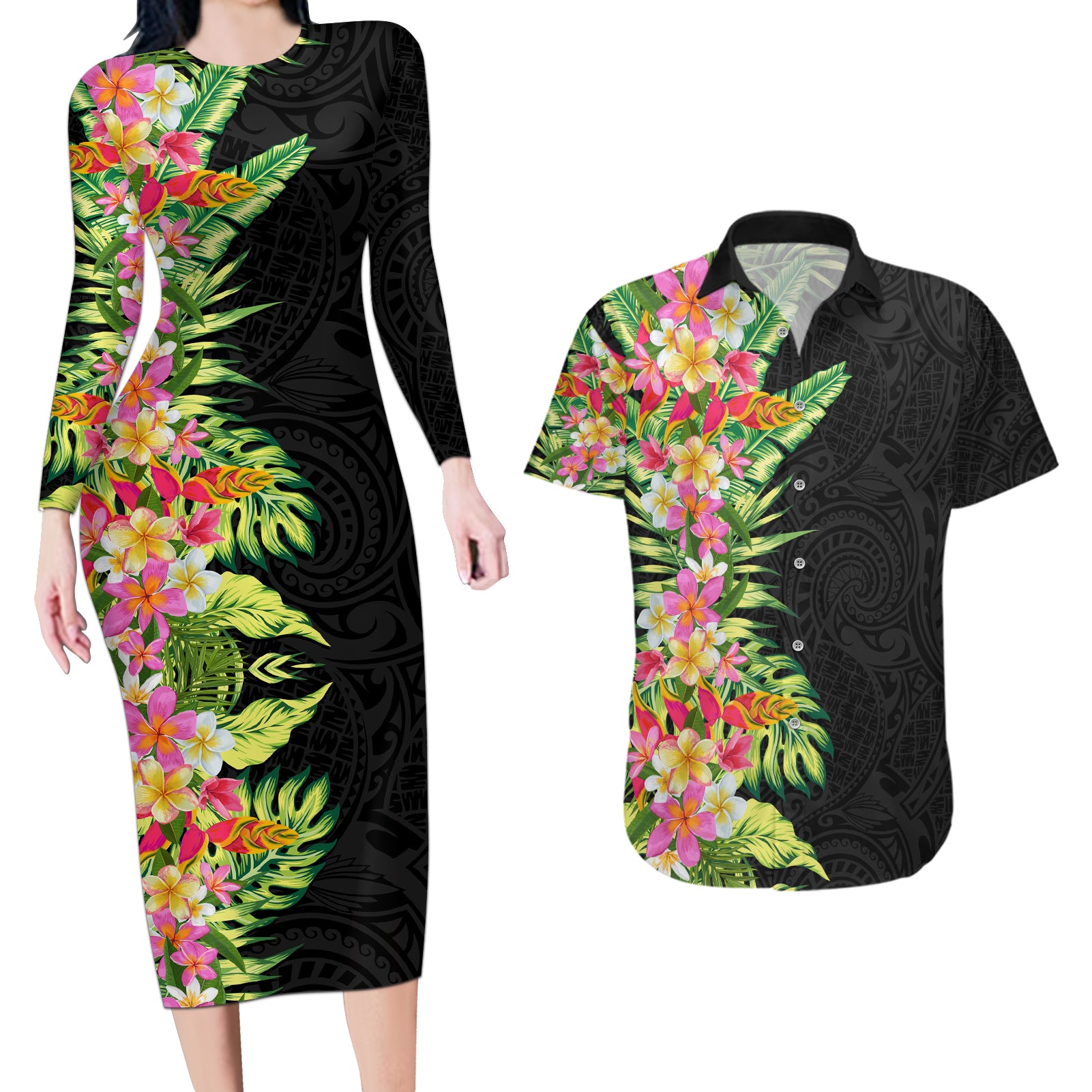 Hawaii Tropical Flowers Tribal Pattern Couples Matching Long Sleeve Bodycon Dress and Hawaiian Shirt No1 LT9 Black - Polynesian Pride