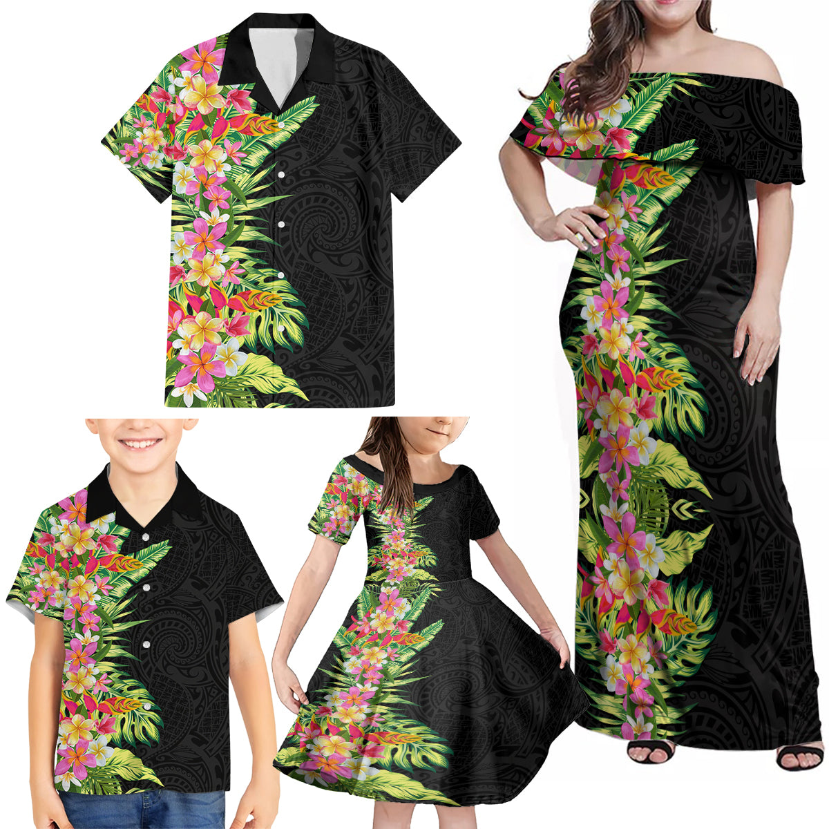 Hawaii Tropical Flowers Tribal Pattern Family Matching Off Shoulder Maxi Dress and Hawaiian Shirt No1 LT9 - Polynesian Pride