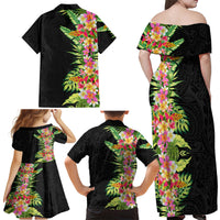 Hawaii Tropical Flowers Tribal Pattern Family Matching Off Shoulder Maxi Dress and Hawaiian Shirt No1 LT9 - Polynesian Pride
