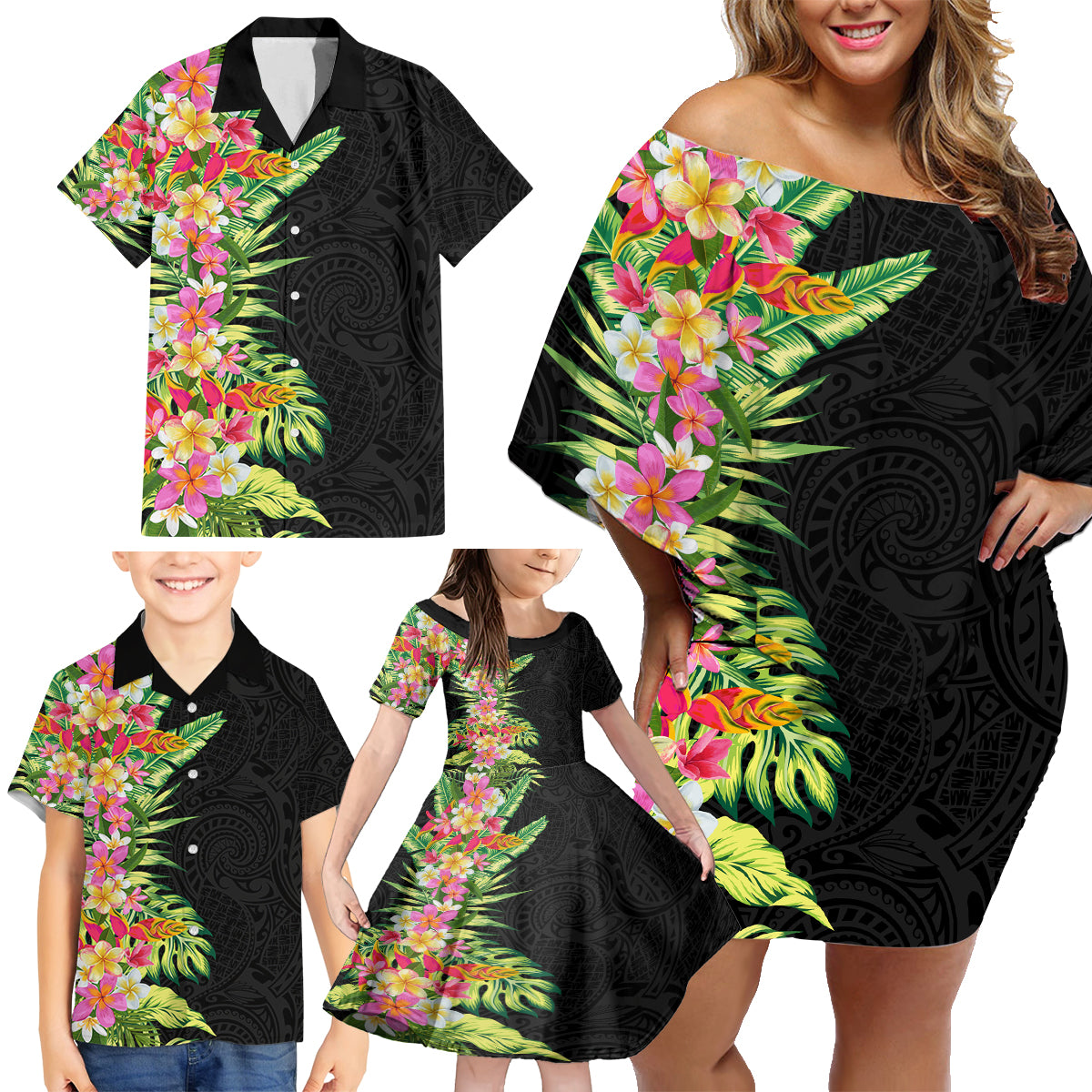 Hawaii Tropical Flowers Tribal Pattern Family Matching Off Shoulder Short Dress and Hawaiian Shirt No1 LT9 - Polynesian Pride