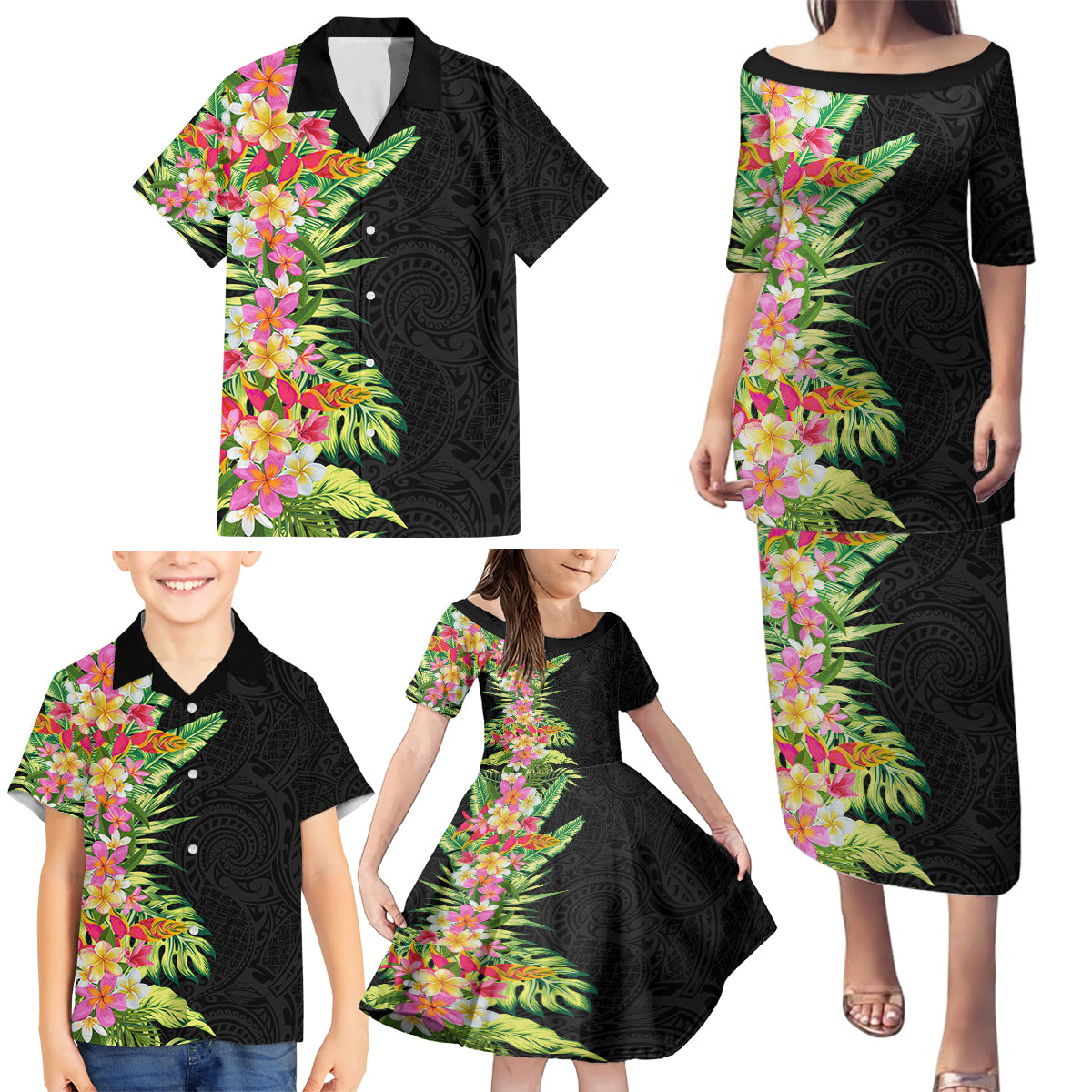 Hawaii Tropical Flowers Tribal Pattern Family Matching Puletasi and Hawaiian Shirt No1 LT9 - Polynesian Pride