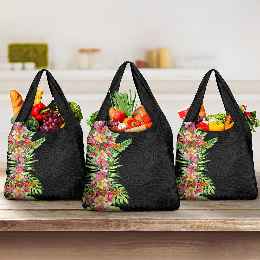 Hawaii Tropical Flowers Tribal Pattern Grocery Bag No1 LT9 3-pack One Size Black - Polynesian Pride