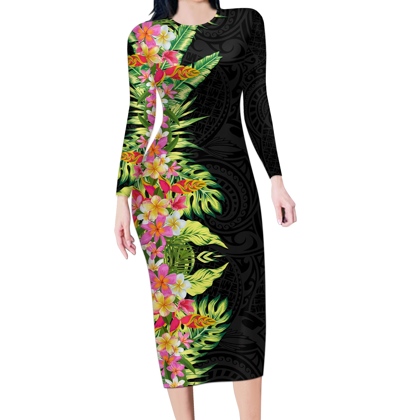 Hawaii Tropical Flowers Tribal Pattern Long Sleeve Bodycon Dress No1 LT9 Long Dress Black - Polynesian Pride