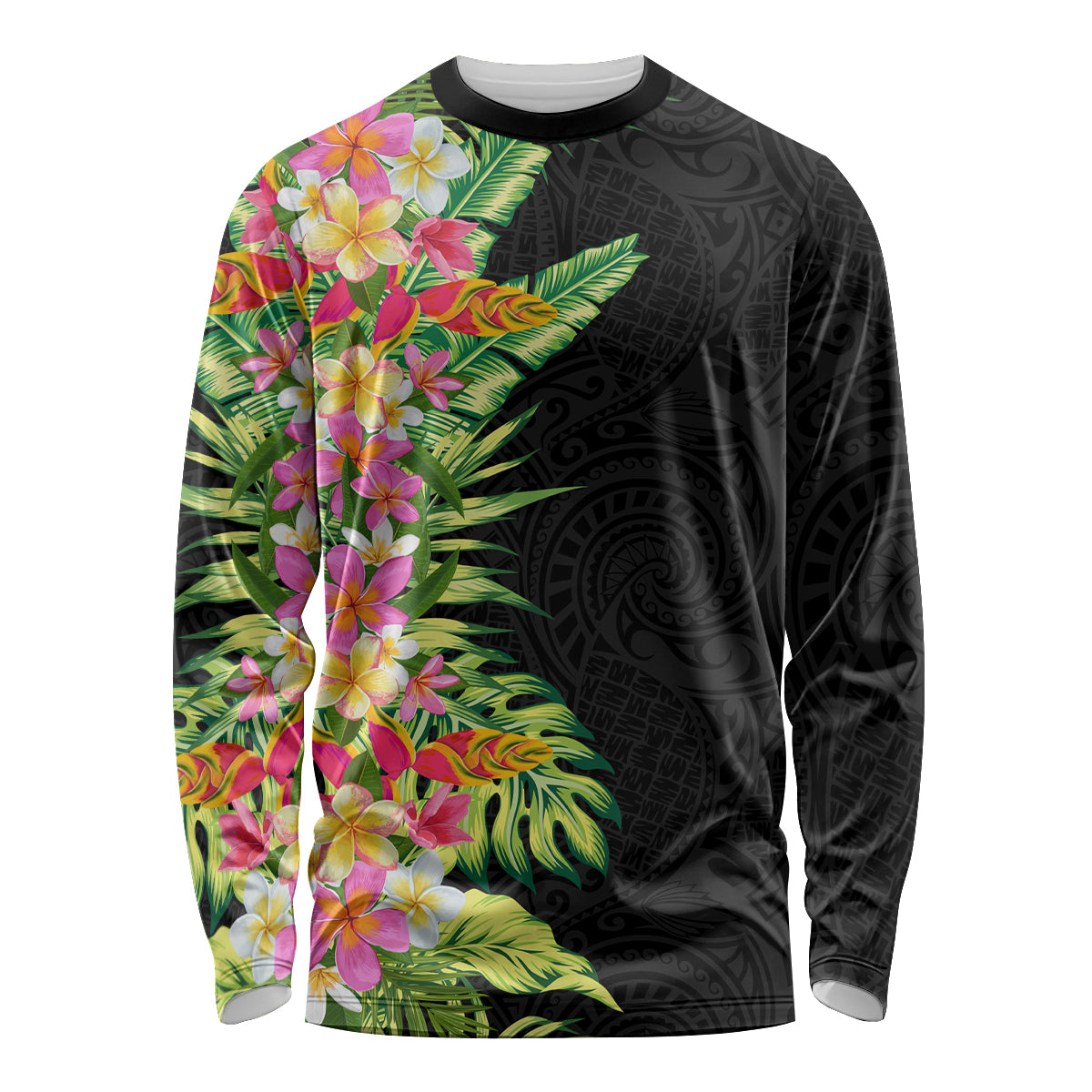 Hawaii Tropical Flowers Tribal Pattern Long Sleeve Shirt No1 LT9 Unisex Black - Polynesian Pride