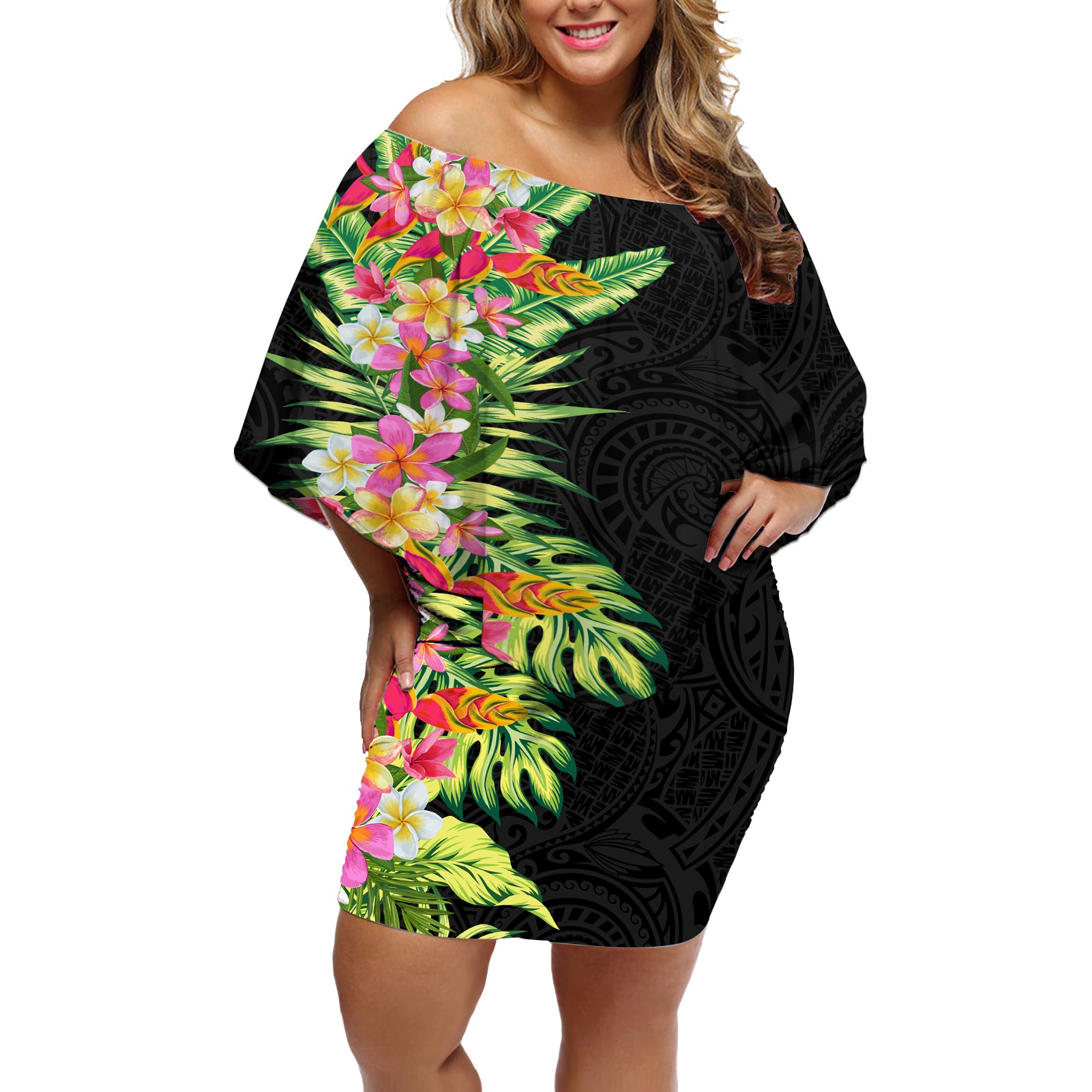 Hawaii Tropical Flowers Tribal Pattern Off Shoulder Short Dress No1 LT9 Women Black - Polynesian Pride