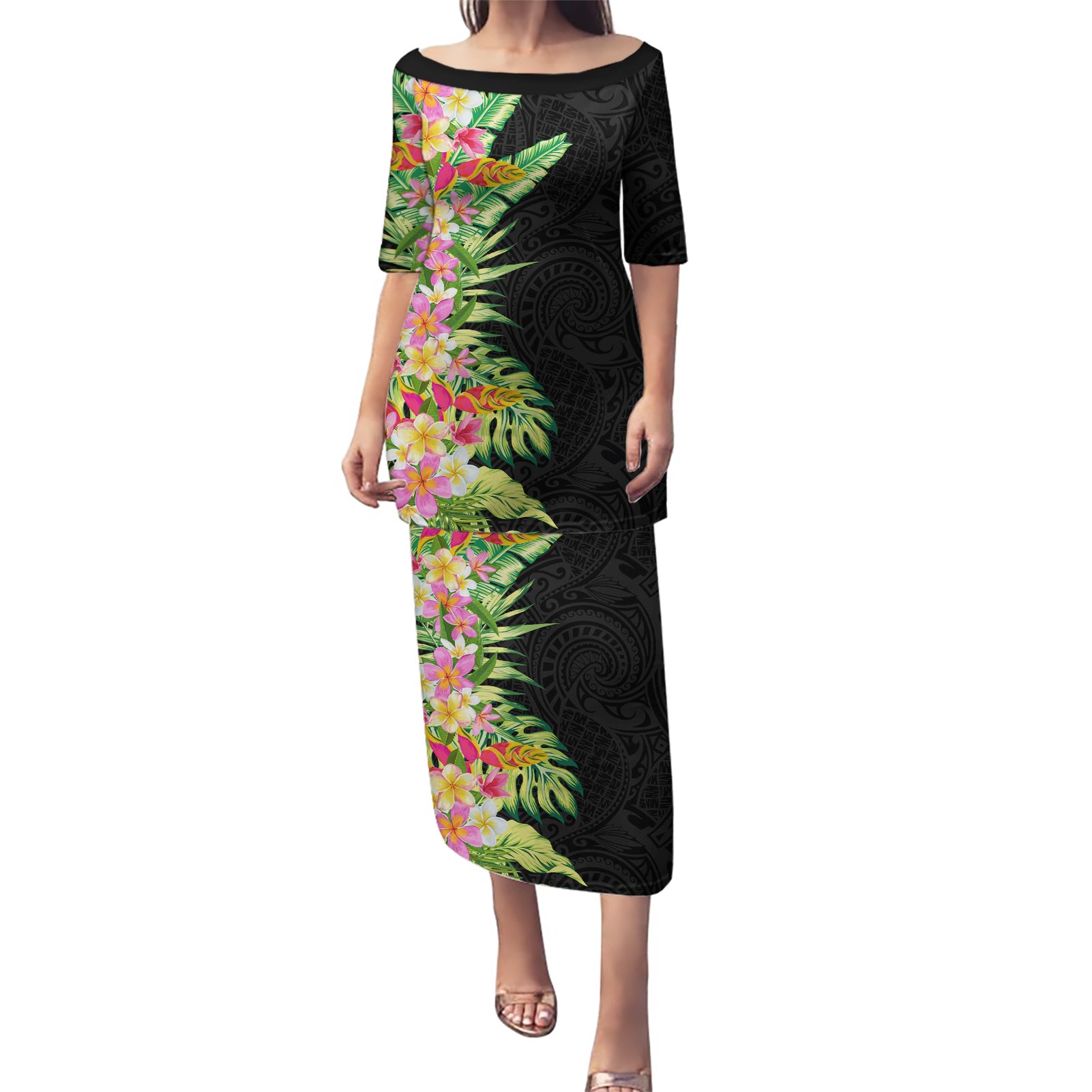 Hawaii Tropical Flowers Tribal Pattern Puletasi No1 LT9 Long Dress Black - Polynesian Pride