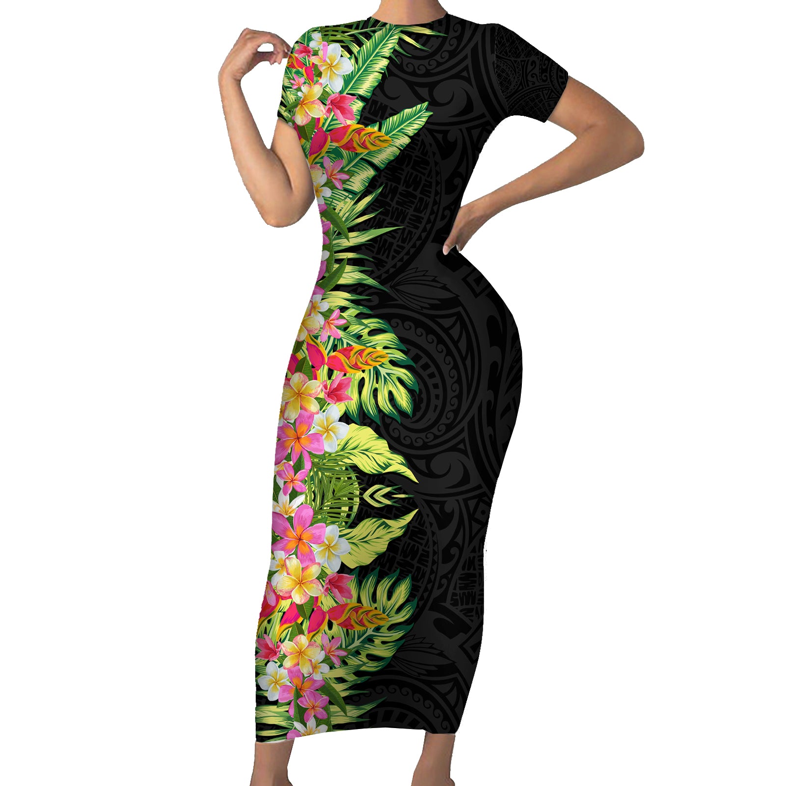 Hawaii Tropical Flowers Tribal Pattern Short Sleeve Bodycon Dress No1 LT9 Long Dress Black - Polynesian Pride