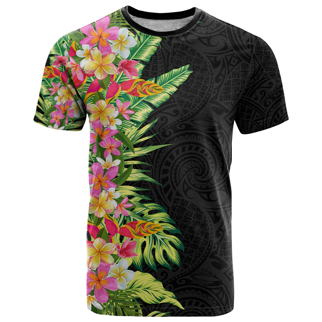 Hawaii Tropical Flowers Tribal Pattern T Shirt No1 LT9 Black - Polynesian Pride