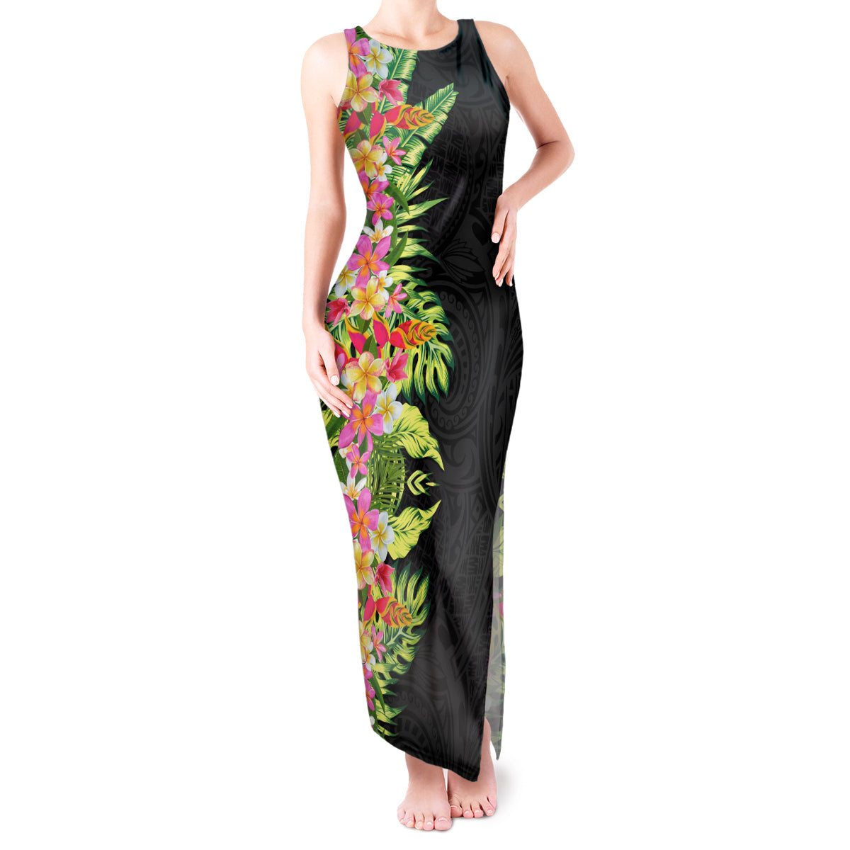 Hawaii Tropical Flowers Tribal Pattern Tank Maxi Dress No1 LT9 Women Black - Polynesian Pride