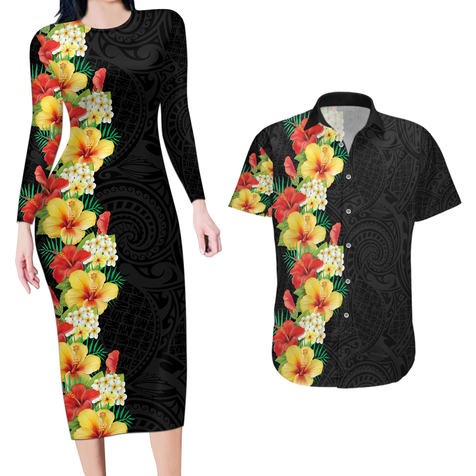 Hawaii Tropical Flowers Tribal Pattern Couples Matching Long Sleeve Bodycon Dress and Hawaiian Shirt No2 LT9 Black - Polynesian Pride