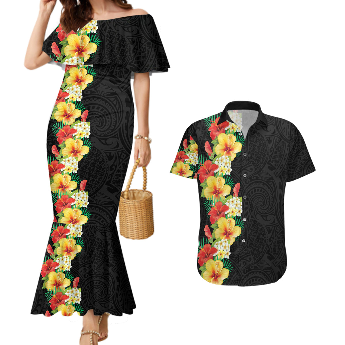 Hawaii Tropical Flowers Tribal Pattern Couples Matching Mermaid Dress and Hawaiian Shirt No2 LT9 Black - Polynesian Pride