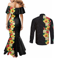 Hawaii Tropical Flowers Tribal Pattern Couples Matching Mermaid Dress and Long Sleeve Button Shirt No2 LT9 - Polynesian Pride