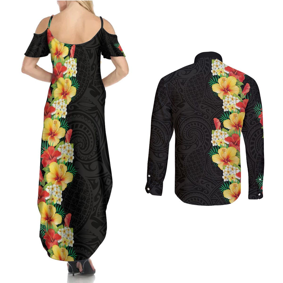 Hawaii Tropical Flowers Tribal Pattern Couples Matching Summer Maxi Dress and Long Sleeve Button Shirt No2 LT9 - Polynesian Pride