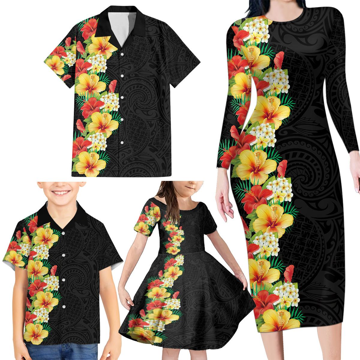 Hawaii Tropical Flowers Tribal Pattern Family Matching Long Sleeve Bodycon Dress and Hawaiian Shirt No2 LT9 - Polynesian Pride