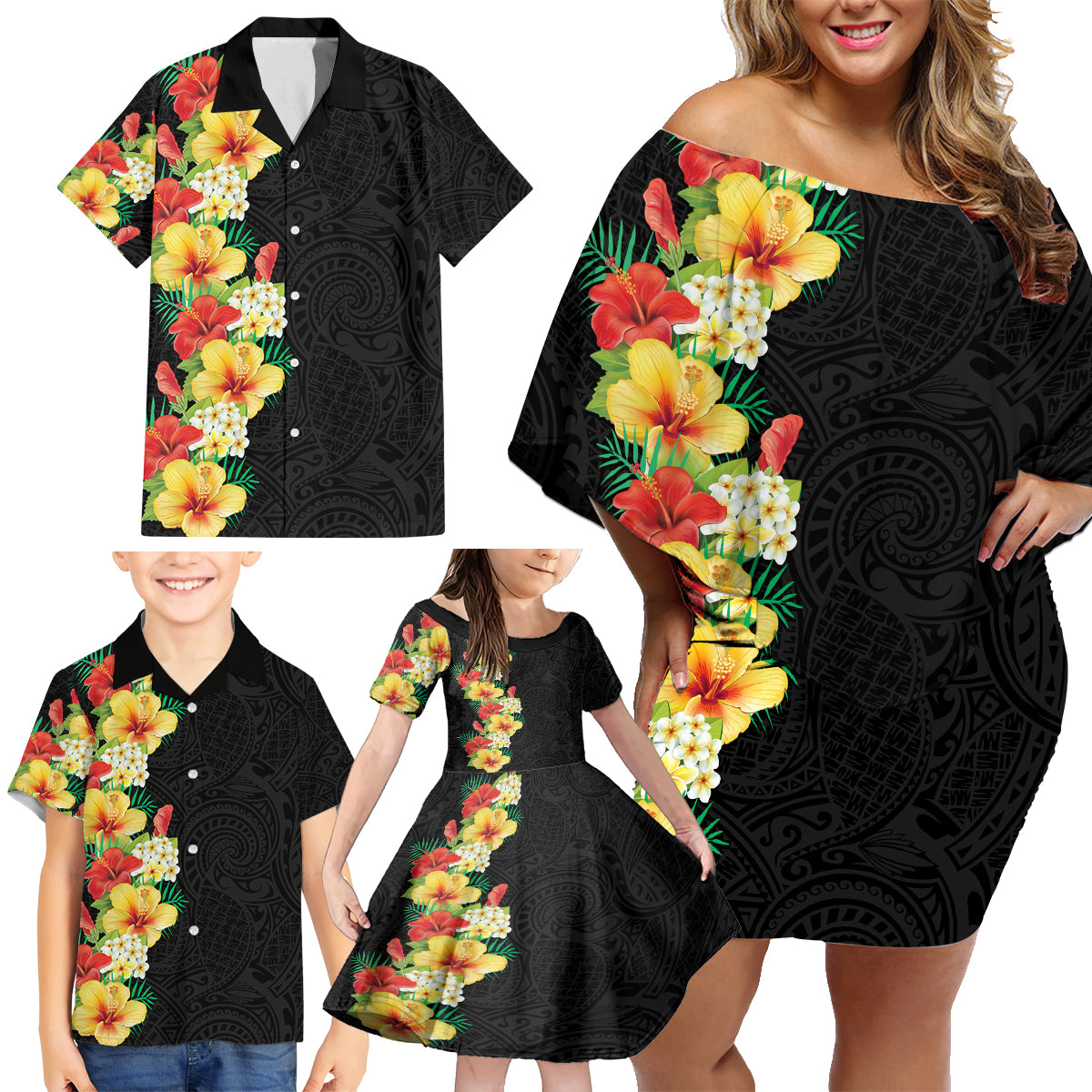 Hawaii Tropical Flowers Tribal Pattern Family Matching Off Shoulder Short Dress and Hawaiian Shirt No2 LT9 - Polynesian Pride