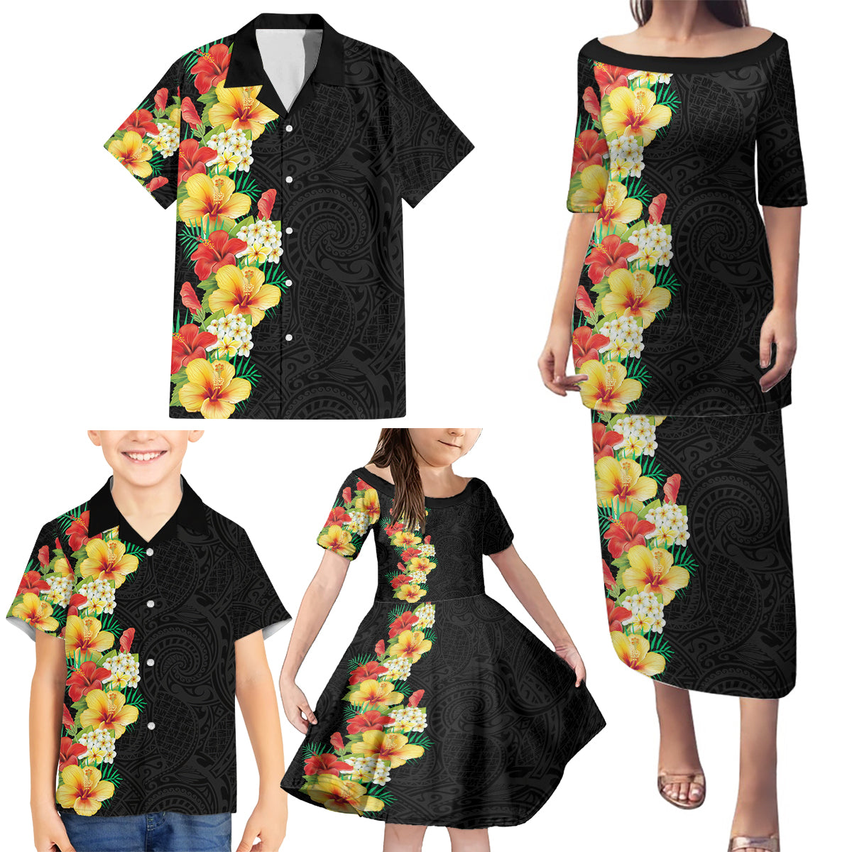 Hawaii Tropical Flowers Tribal Pattern Family Matching Puletasi and Hawaiian Shirt No2 LT9 - Polynesian Pride