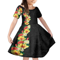 Hawaii Tropical Flowers Tribal Pattern Family Matching Short Sleeve Bodycon Dress and Hawaiian Shirt No2 LT9 Daughter's Dress Black - Polynesian Pride