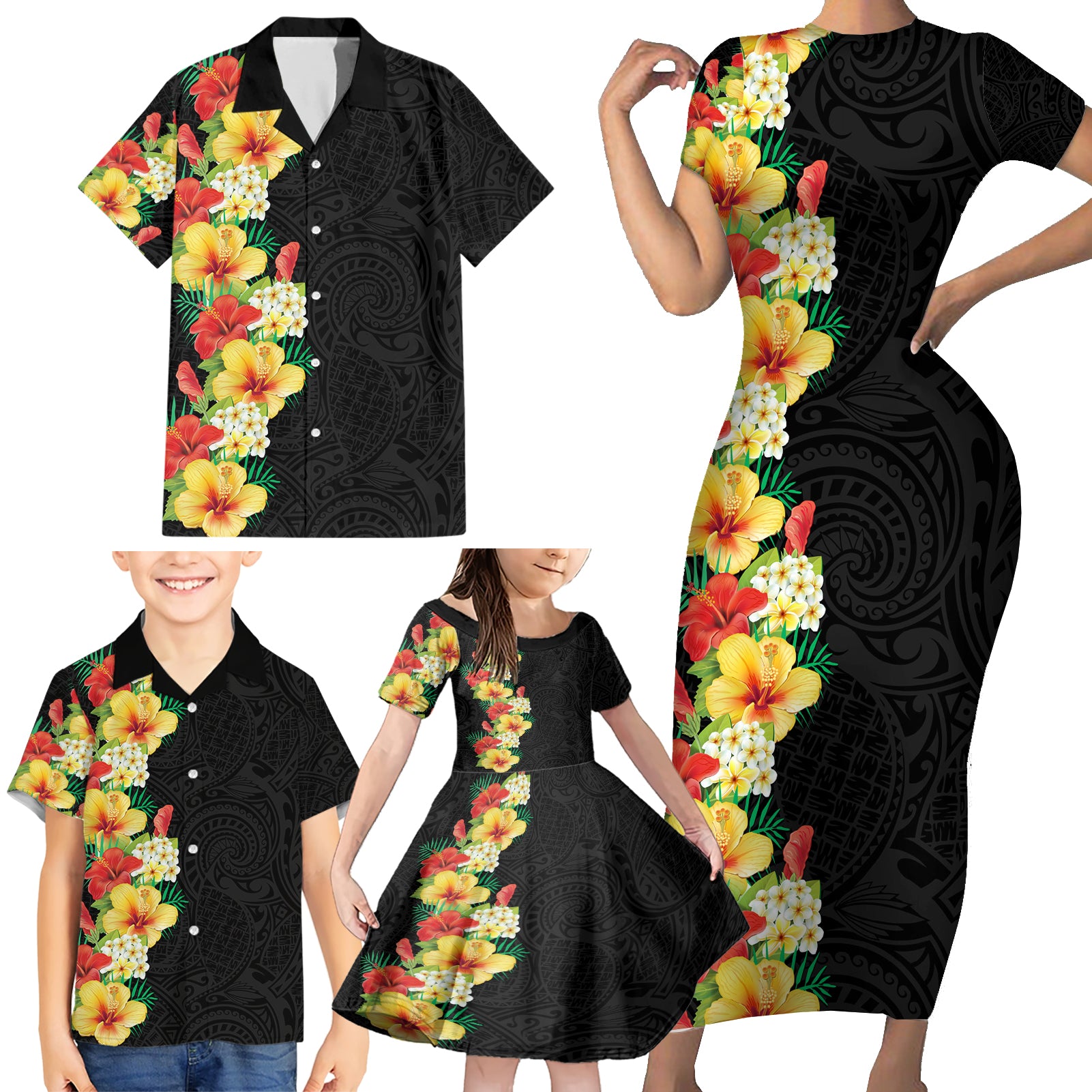 Hawaii Tropical Flowers Tribal Pattern Family Matching Short Sleeve Bodycon Dress and Hawaiian Shirt No2 LT9 - Polynesian Pride