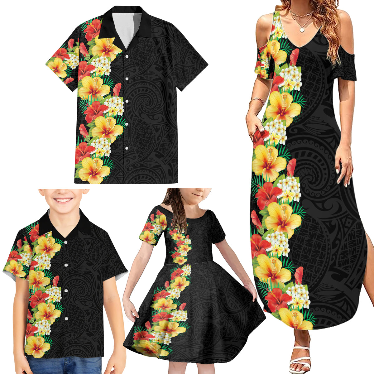 Hawaii Tropical Flowers Tribal Pattern Family Matching Summer Maxi Dress and Hawaiian Shirt No2 LT9 - Polynesian Pride