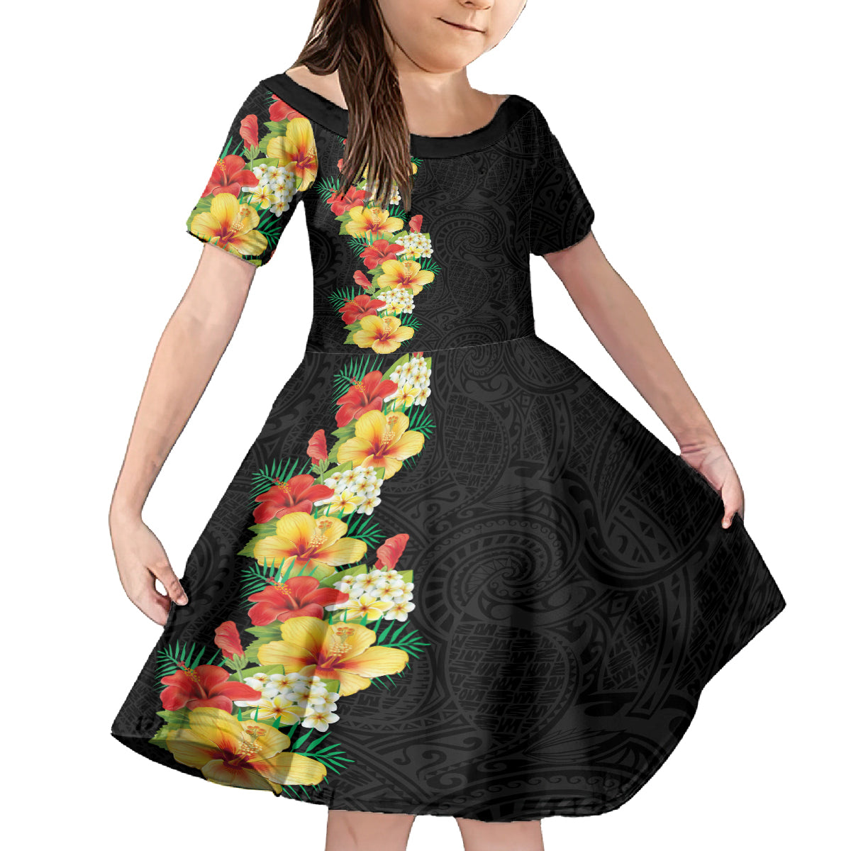 Hawaii Tropical Flowers Tribal Pattern Family Matching Tank Maxi Dress and Hawaiian Shirt No2 LT9 Daughter's Dress Black - Polynesian Pride