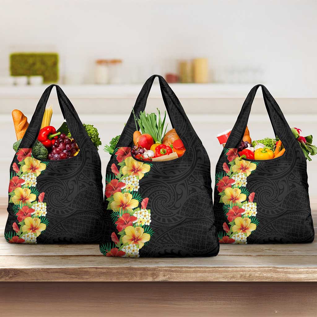 Hawaii Tropical Flowers Tribal Pattern Grocery Bag No2 LT9 3-pack One Size Black - Polynesian Pride