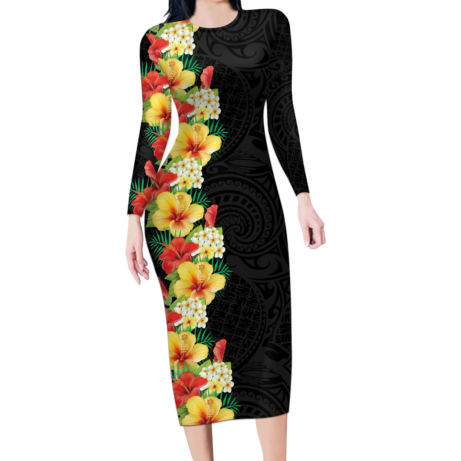 Hawaii Tropical Flowers Tribal Pattern Long Sleeve Bodycon Dress No2 LT9 Long Dress Black - Polynesian Pride