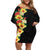 Hawaii Tropical Flowers Tribal Pattern Off Shoulder Short Dress No2 LT9 Women Black - Polynesian Pride