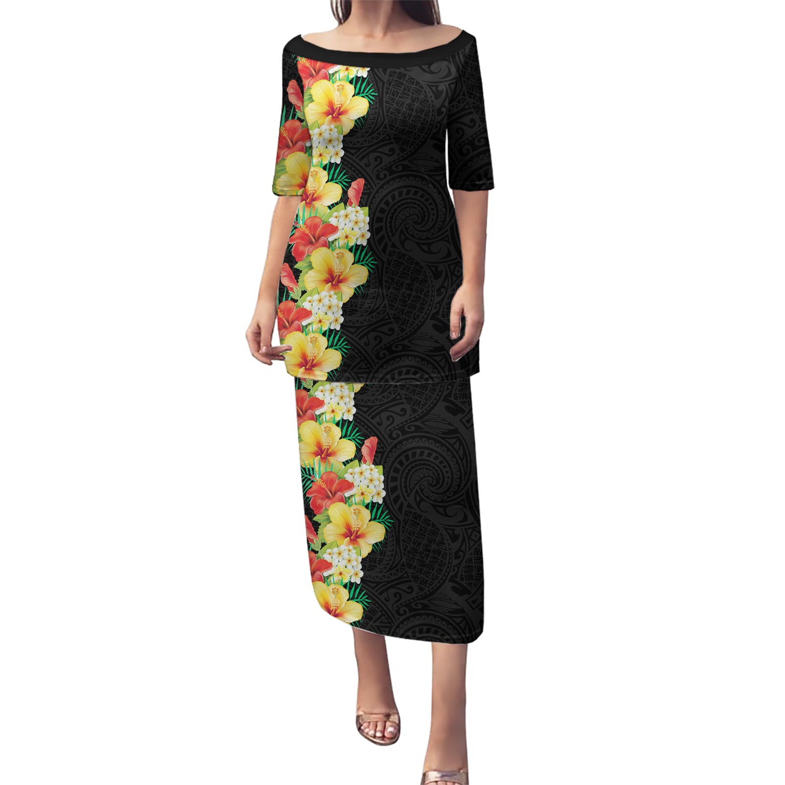 Hawaii Tropical Flowers Tribal Pattern Puletasi No2 LT9 Long Dress Black - Polynesian Pride