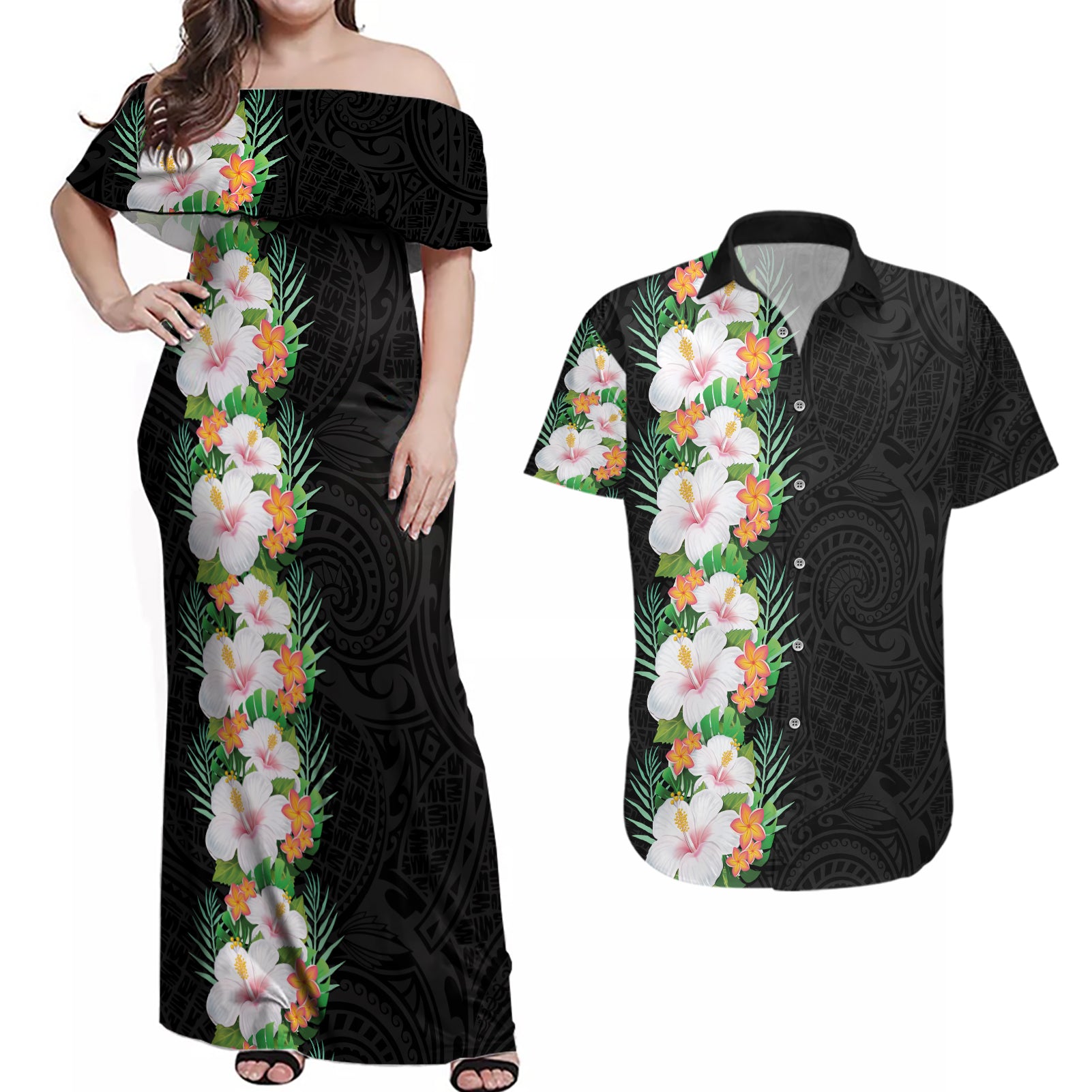 Hawaii Tropical Flowers Tribal Pattern Couples Matching Off Shoulder Maxi Dress and Hawaiian Shirt No3 LT9 Black - Polynesian Pride