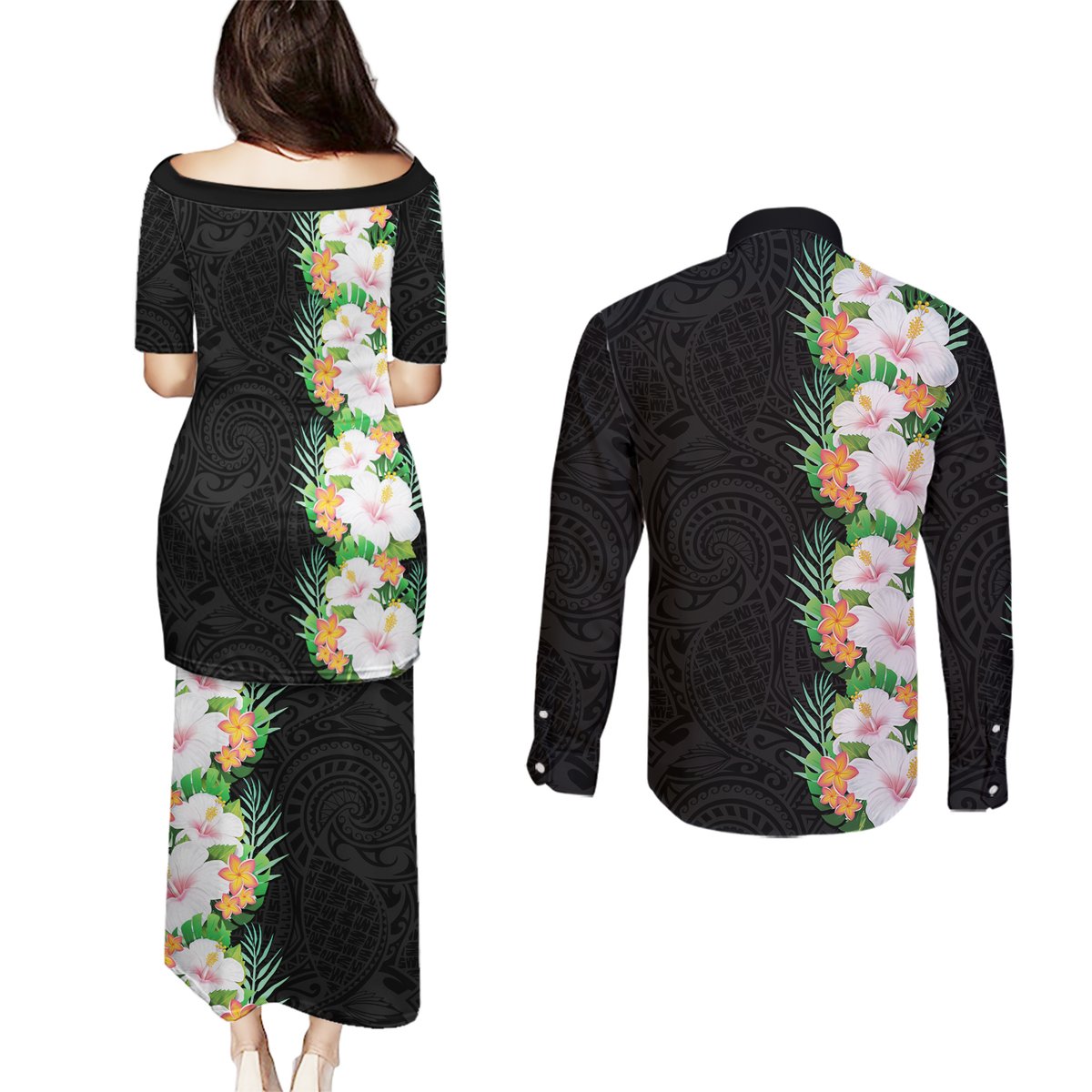 Hawaii Tropical Flowers Tribal Pattern Couples Matching Puletasi and Long Sleeve Button Shirt No3 LT9 - Polynesian Pride