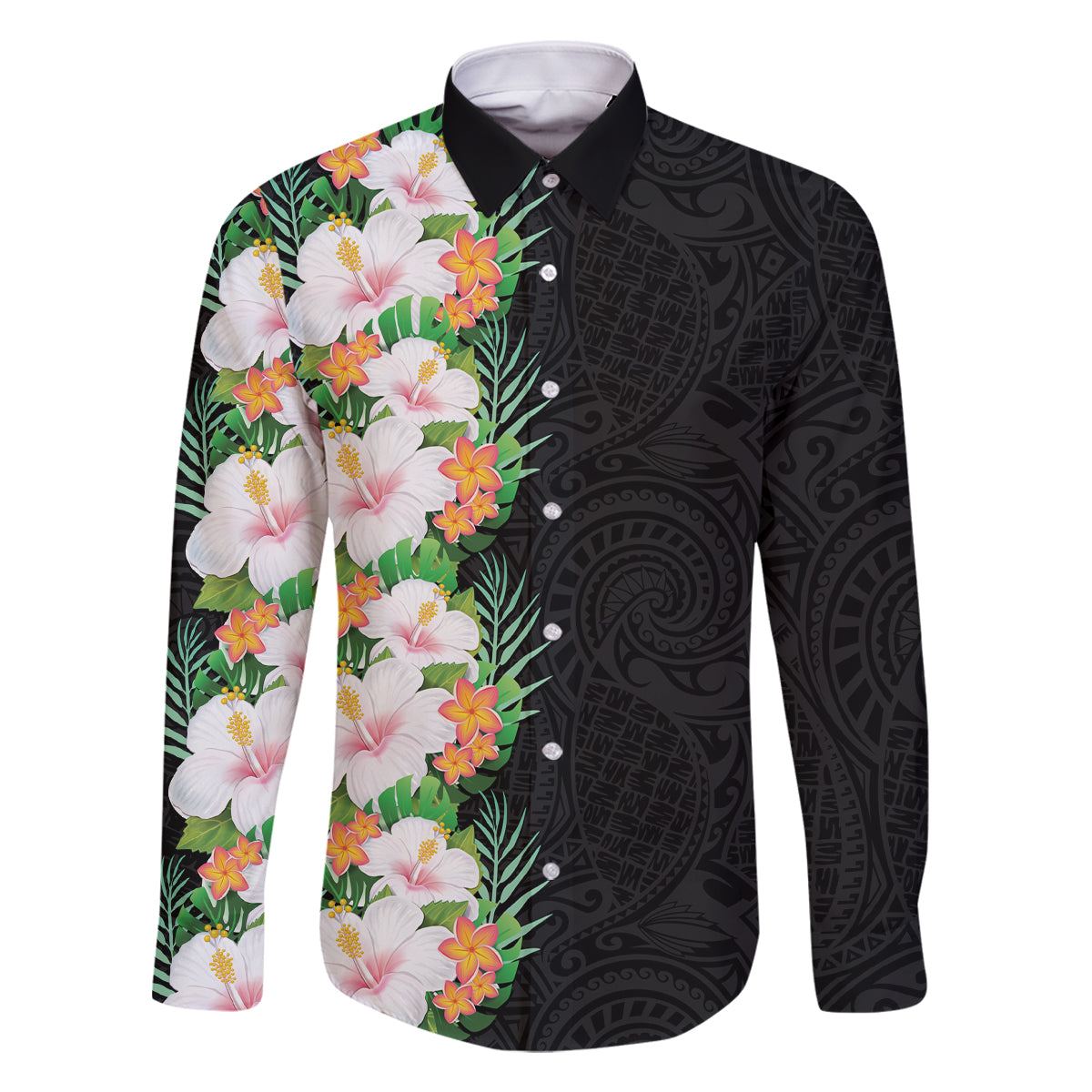 Hawaii Tropical Flowers Tribal Pattern Family Matching Long Sleeve Bodycon Dress and Hawaiian Shirt No3 LT9 Dad's Shirt - Long Sleeve Black - Polynesian Pride