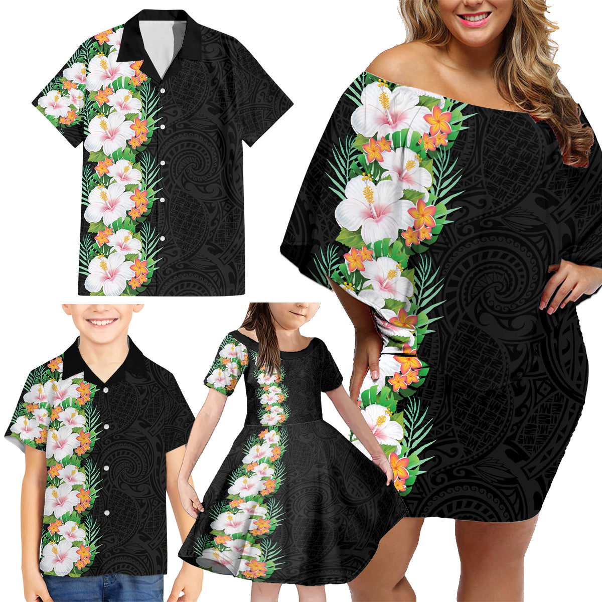 Hawaii Tropical Flowers Tribal Pattern Family Matching Off Shoulder Short Dress and Hawaiian Shirt No3 LT9 - Polynesian Pride