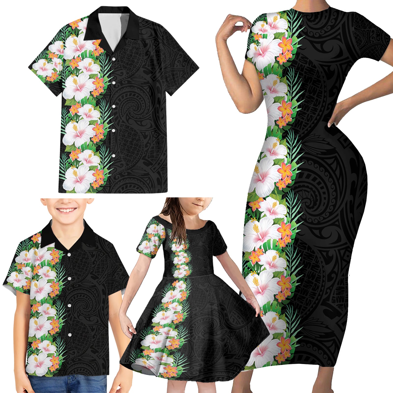 Hawaii Tropical Flowers Tribal Pattern Family Matching Short Sleeve Bodycon Dress and Hawaiian Shirt No3 LT9 - Polynesian Pride