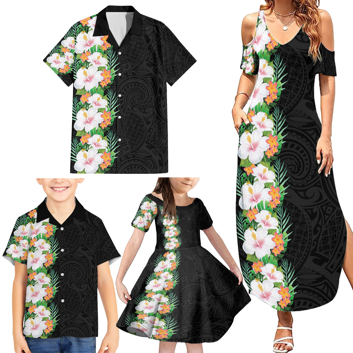 Hawaii Tropical Flowers Tribal Pattern Family Matching Summer Maxi Dress and Hawaiian Shirt No3 LT9 - Polynesian Pride