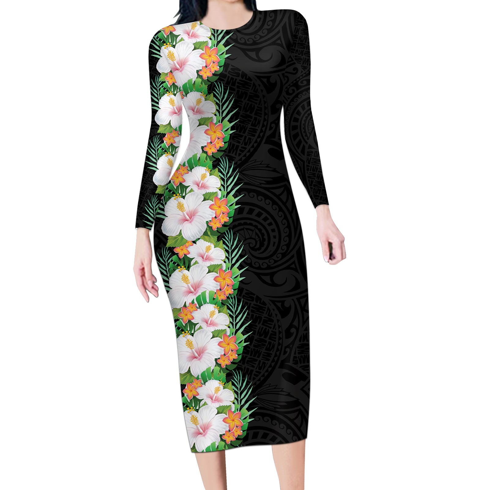 Hawaii Tropical Flowers Tribal Pattern Long Sleeve Bodycon Dress No3 LT9 Long Dress Black - Polynesian Pride