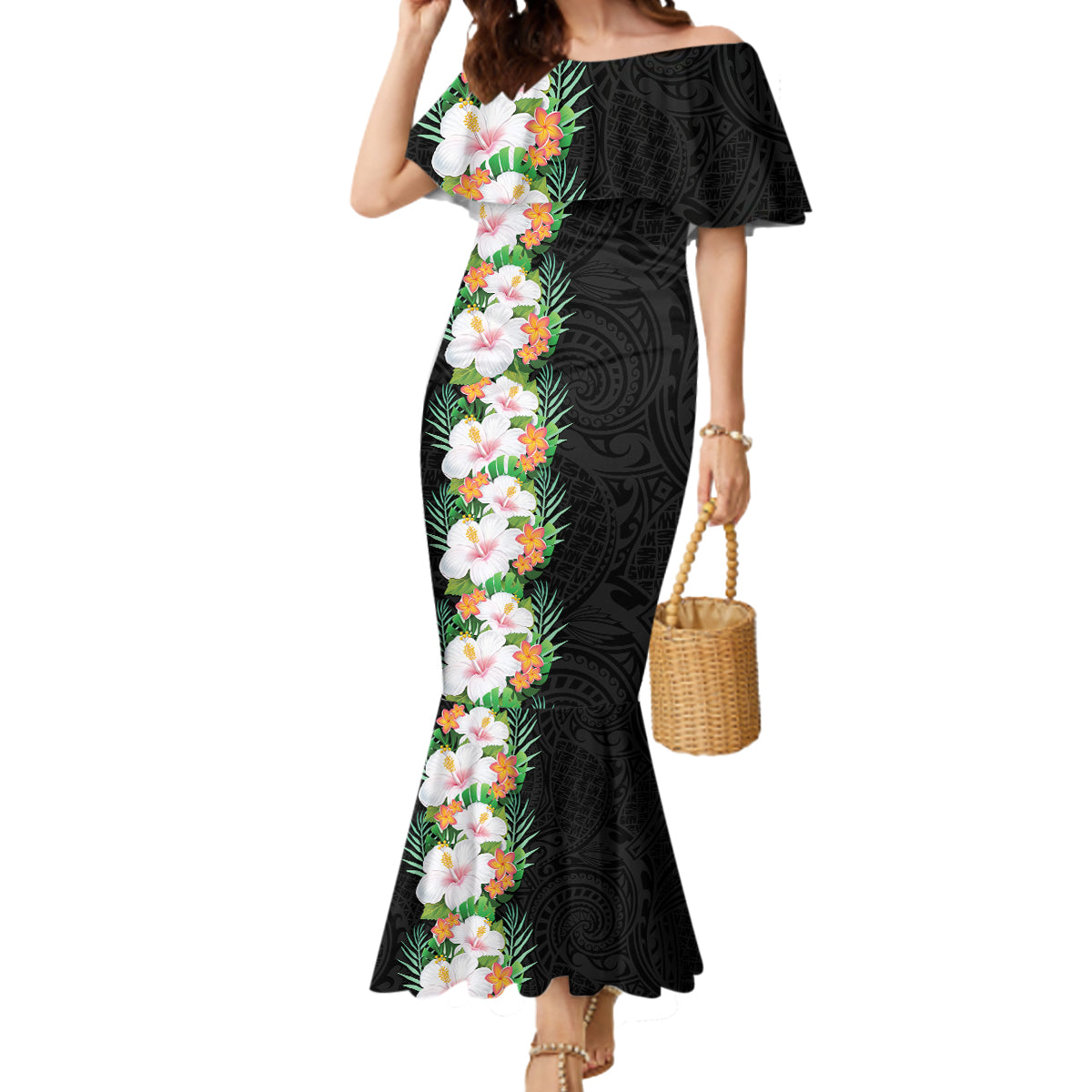 Hawaii Tropical Flowers Tribal Pattern Mermaid Dress No3 LT9 Women Black - Polynesian Pride