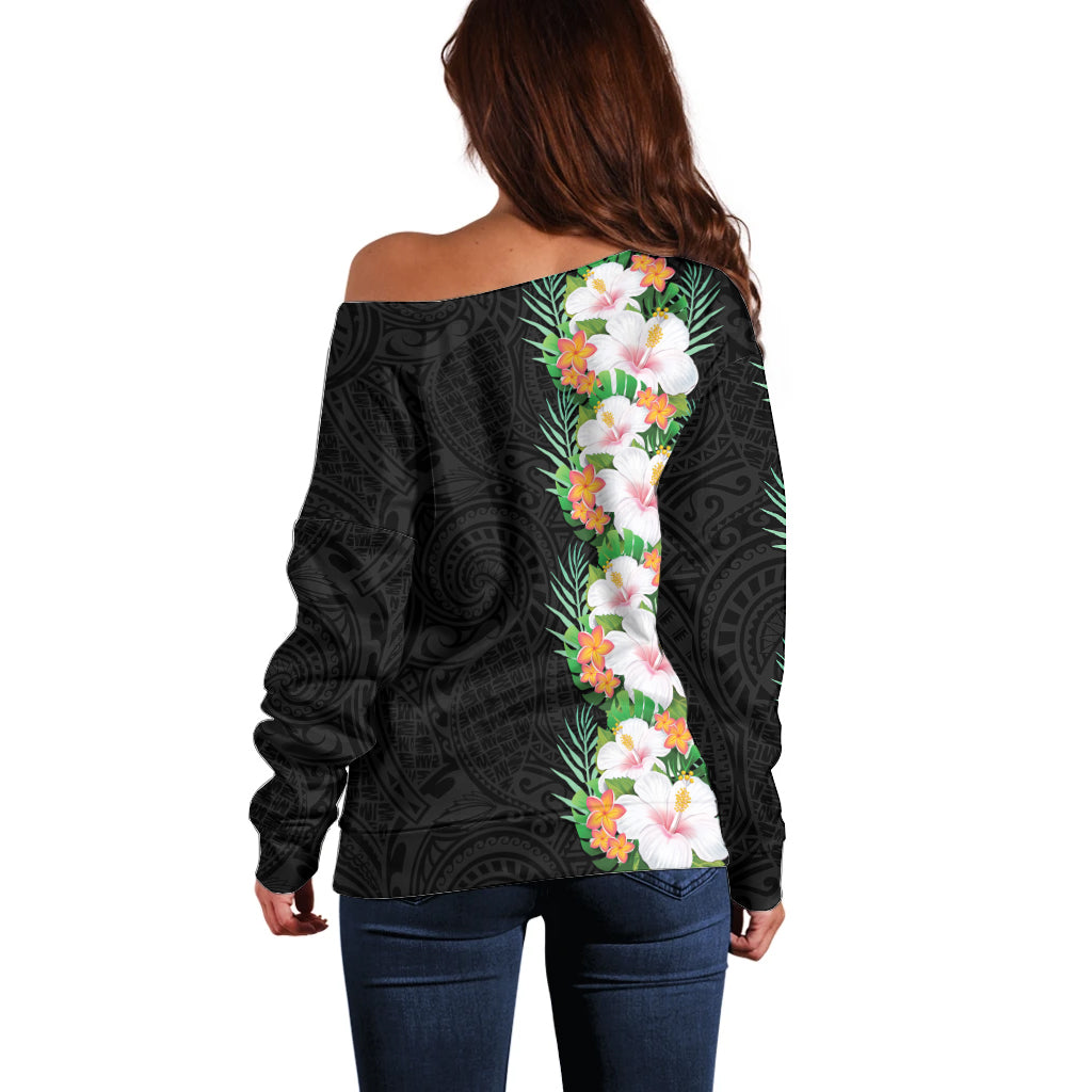 Hawaii Tropical Flowers Tribal Pattern Off Shoulder Sweater No3 LT9 - Polynesian Pride