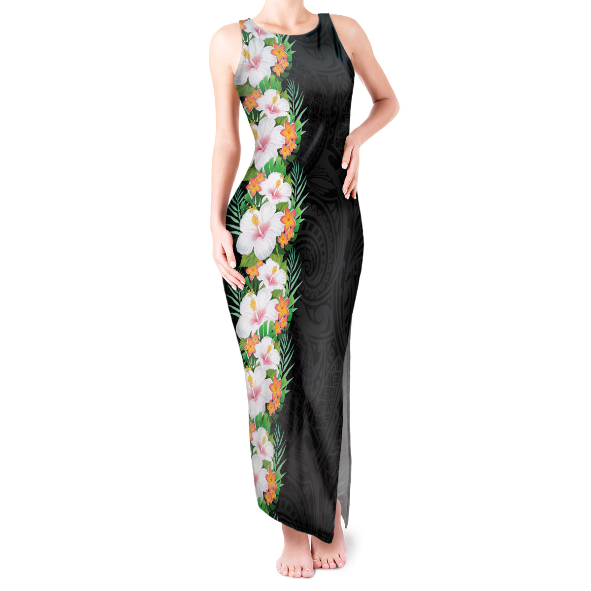 Hawaii Tropical Flowers Tribal Pattern Tank Maxi Dress No3 LT9 Women Black - Polynesian Pride